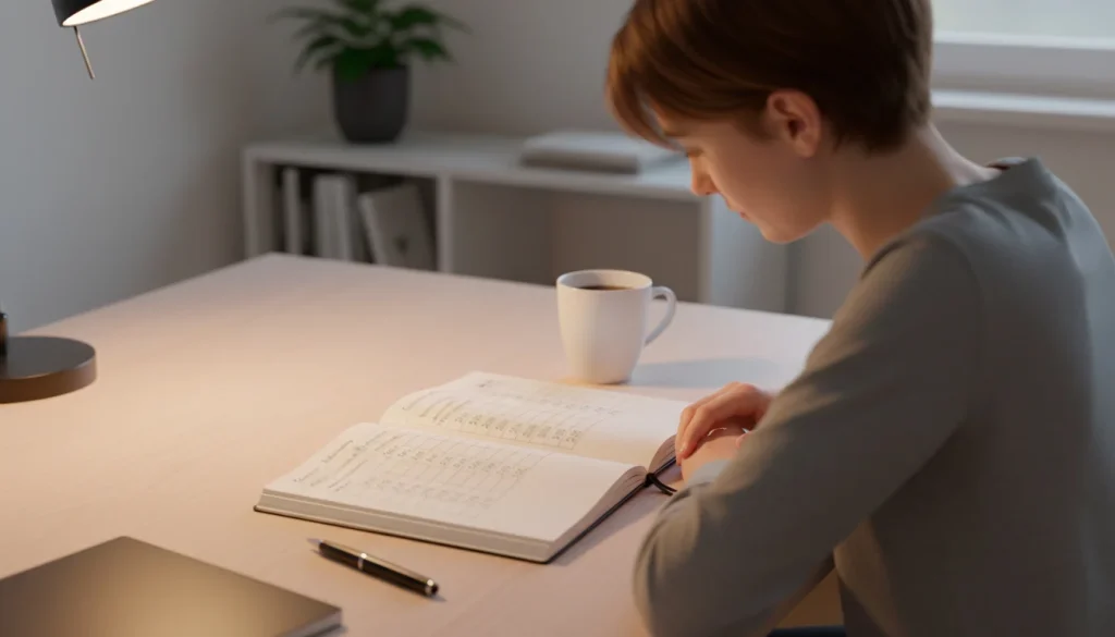 Person plant Wettbudget mit Notizbuch und Stift am Schreibtisch