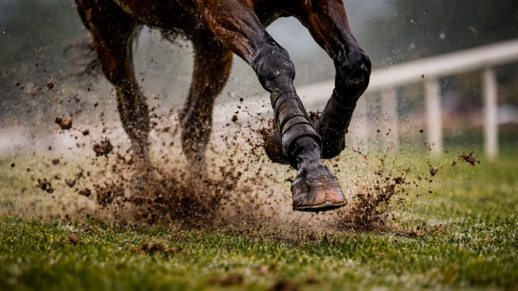 Nahaufnahme von Hufen auf nassem Rasengeläuf einer Galopprennbahn nach Regen