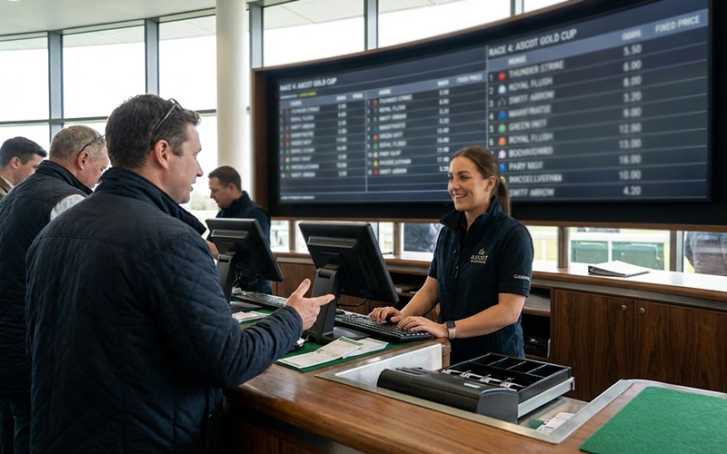 Moderner Buchmacher-Wettschalter mit Quotentafel
