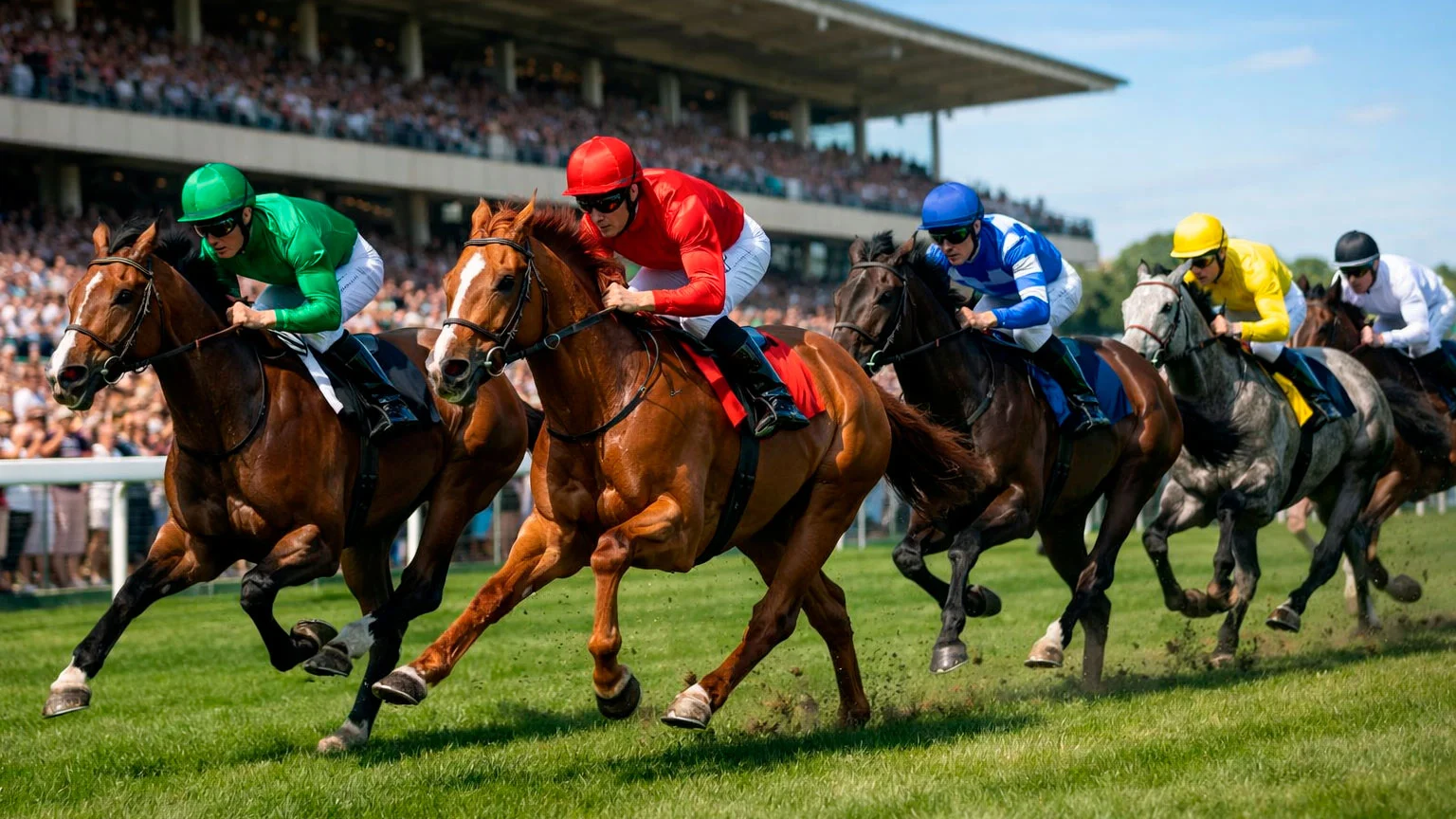 Rennpferde auf der Zielgeraden des Deutschen Derbys auf der Rennbahn Hamburg-Horn