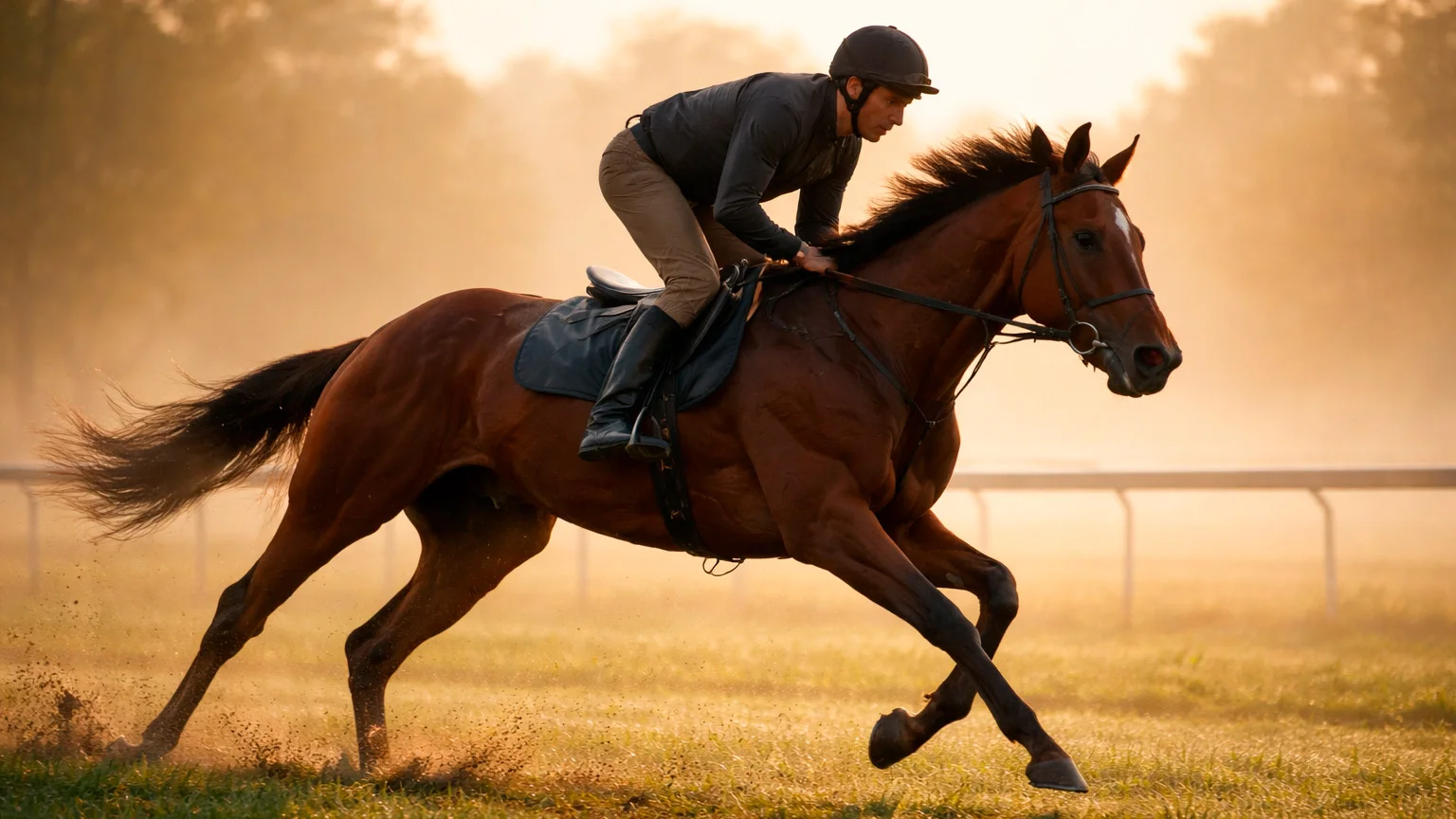 Rennpferd im Galopp auf der Trainingsbahn mit Jockey am frühen Morgen