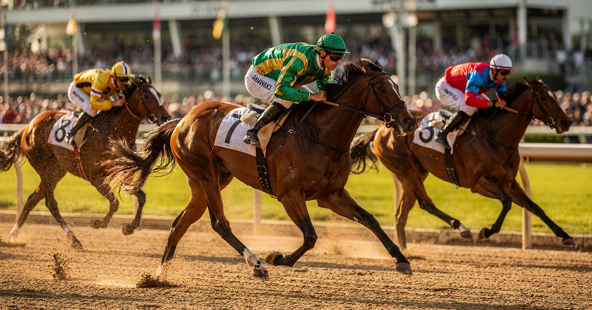 Spannendes Pferderennen auf einer Galopprennbahn mit Jockeys im Wettkampf
