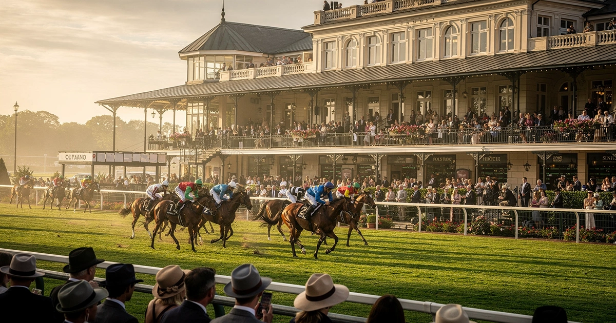 Elegante Pferderennbahn mit Zuschauern und Wettschaltern