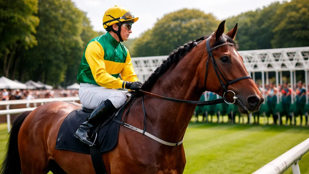 Jockey in bunten Rennfarben auf einem Rennpferd vor dem Start auf der Bahn
