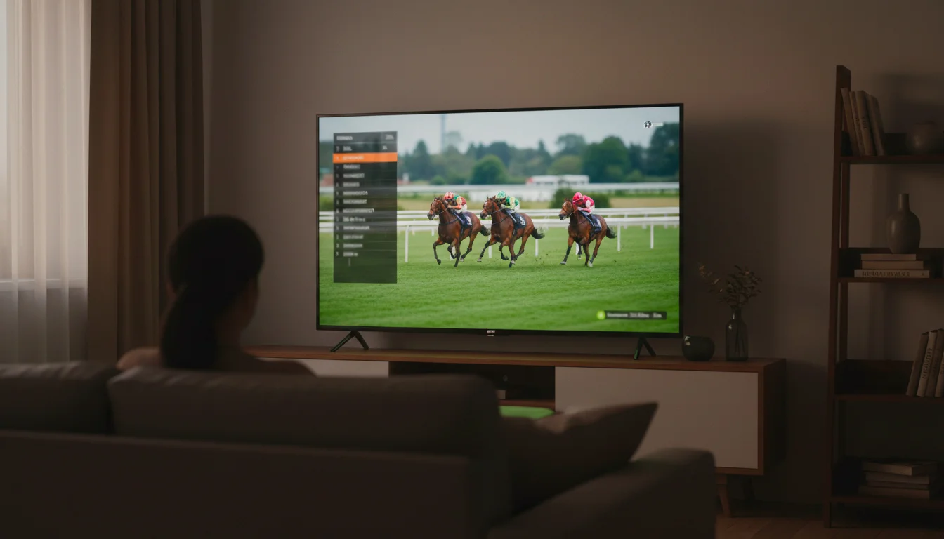 Bildschirm zeigt Live-Übertragung eines Pferderennens in einem Wohnzimmer