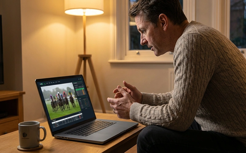 Live-Übertragung eines Pferderennens auf dem Laptop