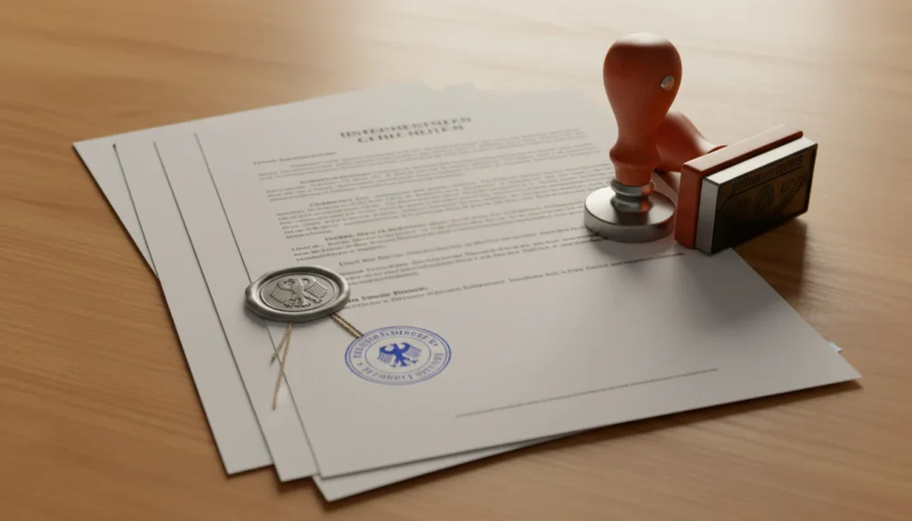 Stempel und offizielle Dokumente mit Siegel auf einem Holztisch