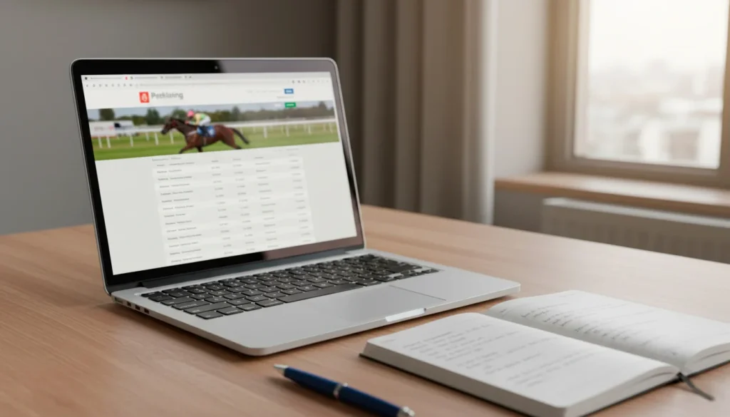 Laptop mit geöffneter Pferdewetten-Seite auf einem Schreibtisch neben Notizblock