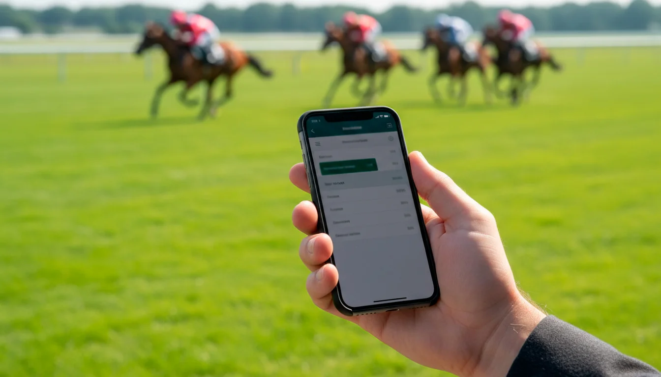 Person hält Smartphone mit Pferdewetten-App auf einer Pferderennbahn