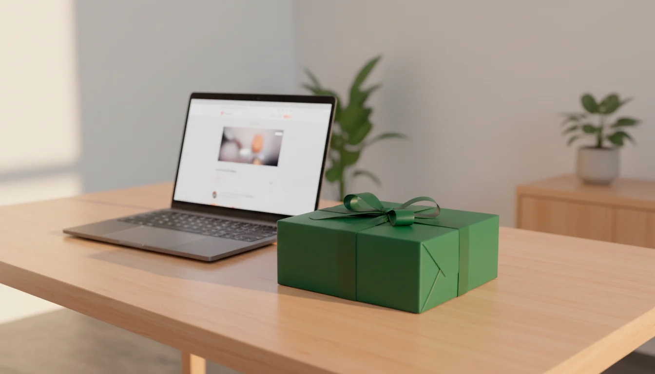 Willkommensgeschenk-Box auf einem Schreibtisch neben einem geöffneten Laptop