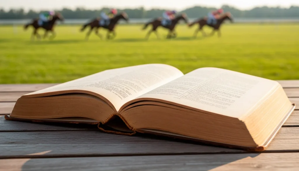 Aufgeschlagenes Buch neben einer Rennbahn-Szene mit Pferden im Hintergrund