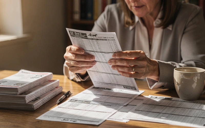 Person analysiert Rennkarte und Pferdestatistiken am Schreibtisch