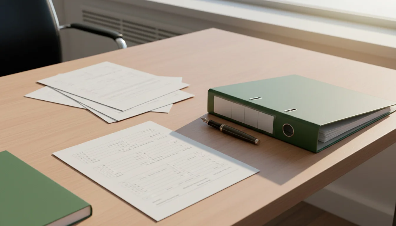 Dokumente und Stift auf einem Schreibtisch mit einem Ordner beschriftet Steuern