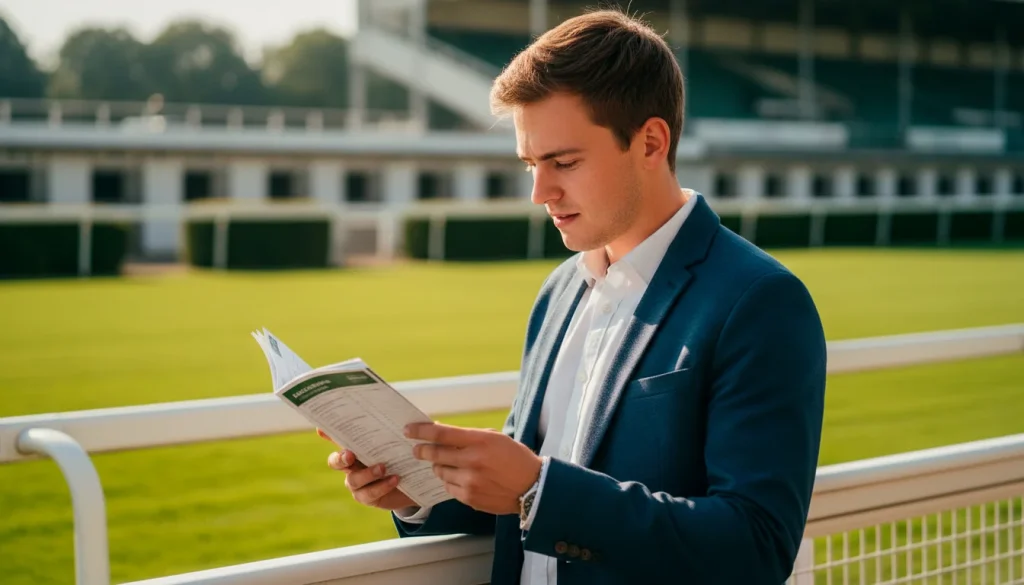 Anfänger studiert ein Rennprogramm am Geländer einer Pferderennbahn