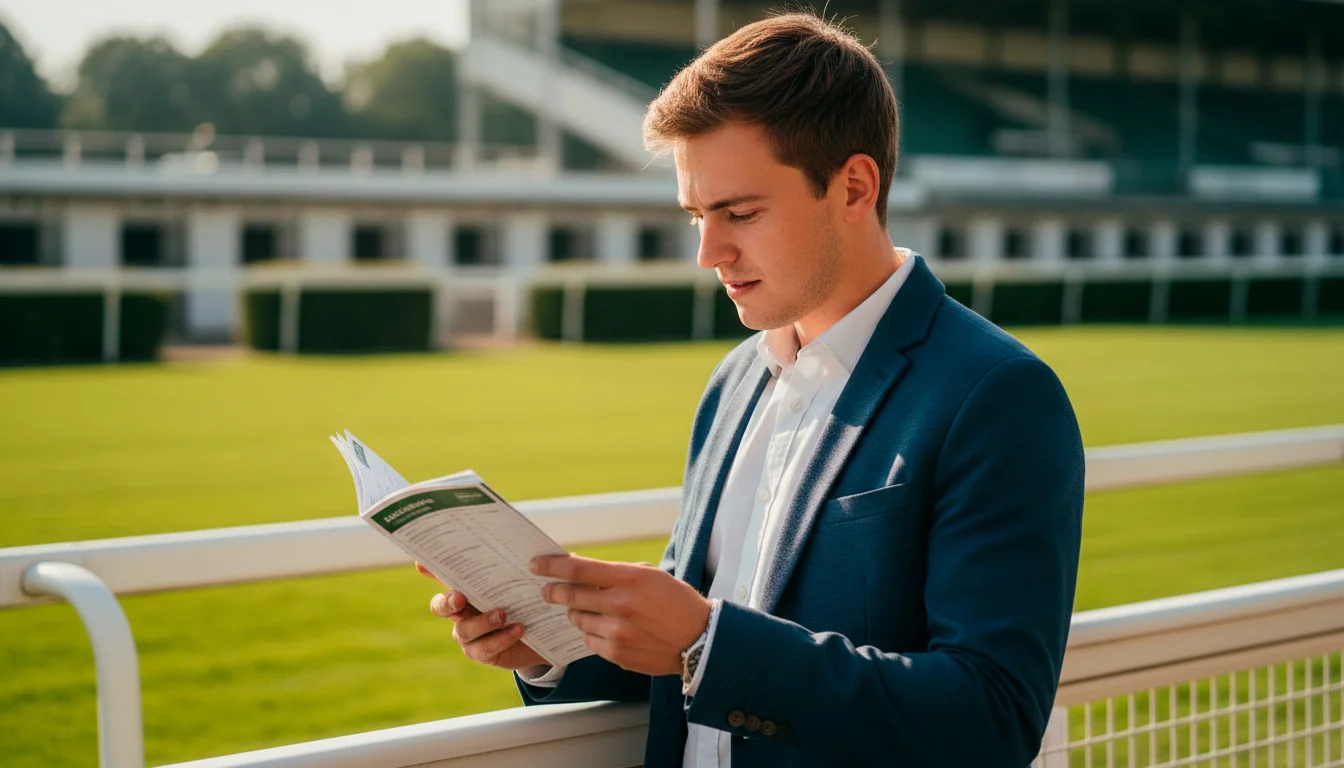 Anfänger studiert ein Rennprogramm am Geländer einer Pferderennbahn