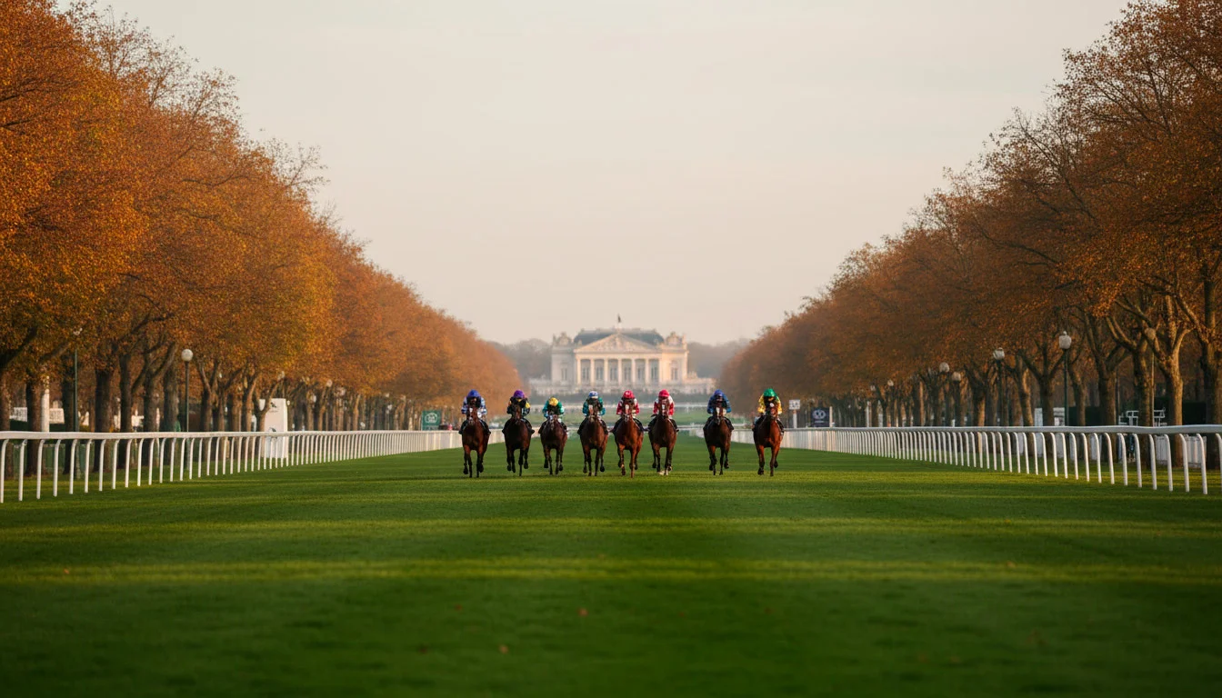 Rennpferde auf der weitläufigen Galopprennbahn Paris-Longchamp im Herbst
