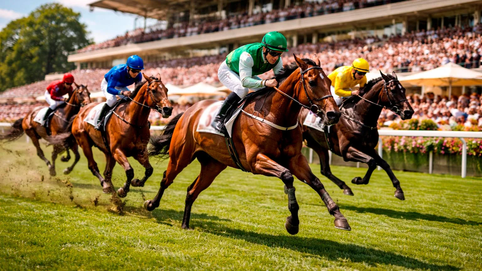 Elegante Tribüne beim Royal Ascot Pferderennen mit Rennpferden auf der Bahn