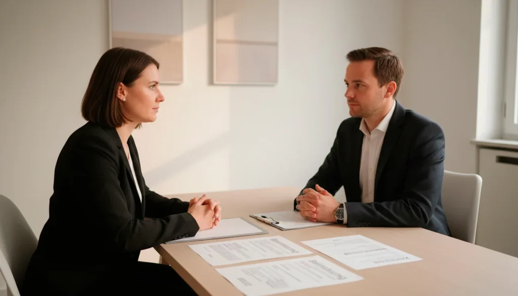 Zwei Menschen im Gespräch bei einer Beratung an einem ruhigen Tisch