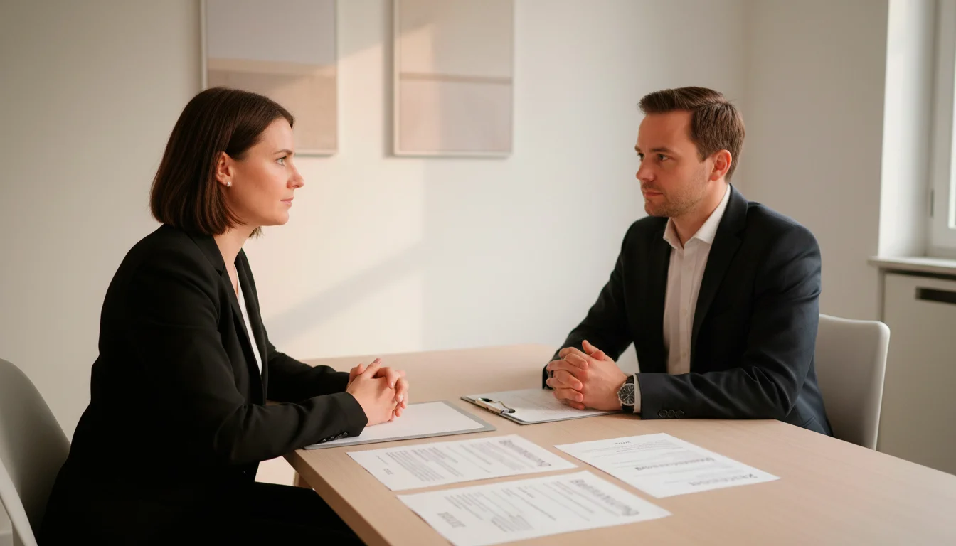 Zwei Menschen im Gespräch bei einer Beratung an einem ruhigen Tisch