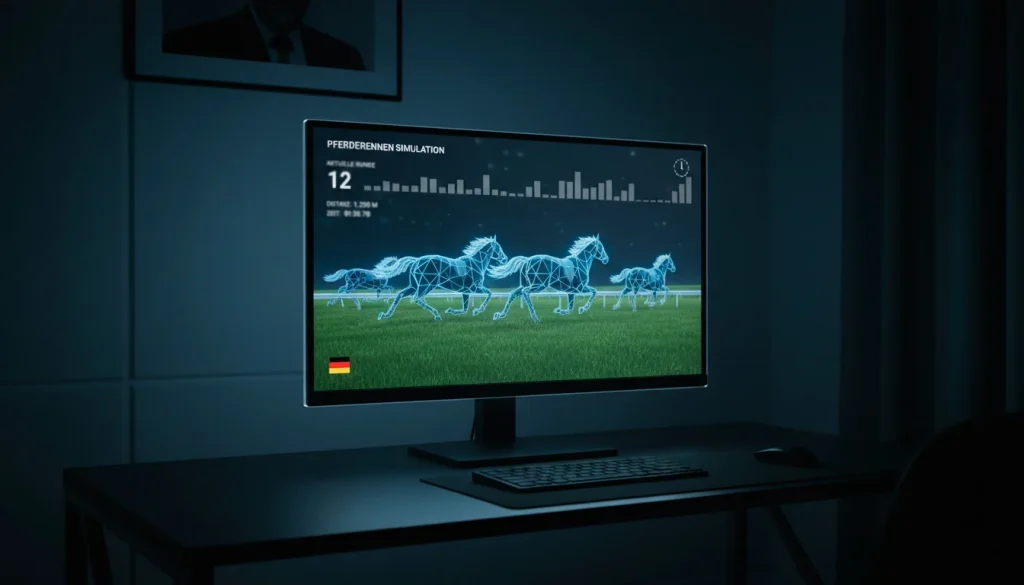 Leuchtender Computerbildschirm zeigt animiertes Pferderennen in dunklem Raum