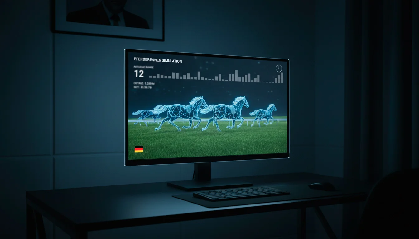Leuchtender Computerbildschirm zeigt animiertes Pferderennen in dunklem Raum